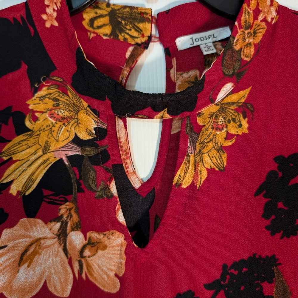 JODIFL Red Floral Bell Sleeve Dress Size L - Picture 4 of 7